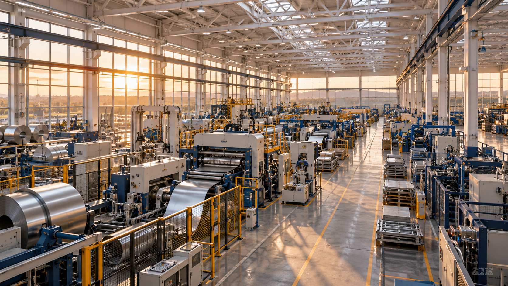 Illustrative modern manufacturing facility with organized production lines and sunlit steel roof trusses